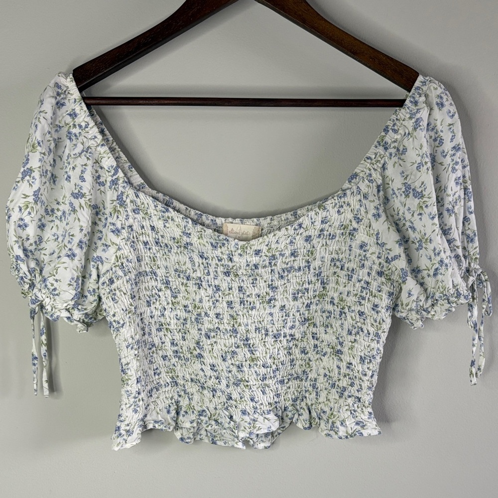 Cotton On Blue Floral Smocked Crop Top Puff Sleeve Cottagecore Medium